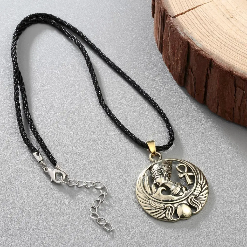 Cxwind Ancient Egyptian Queen Necklace Pendant Vintage Color Egypt Nefertiti Head Portrait Ankh Cross Wing Necklaces Jewelry