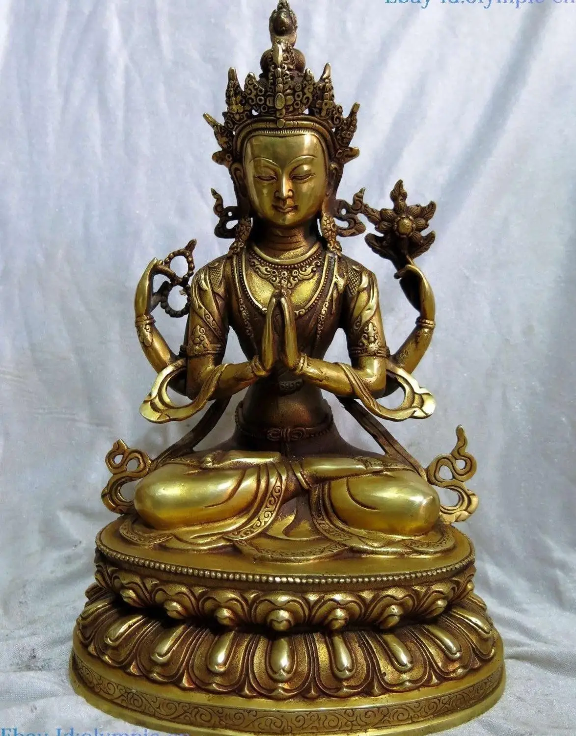 

13" China brass carved Kwan-yin sculpture buddhism Four arm Guanyin Statue