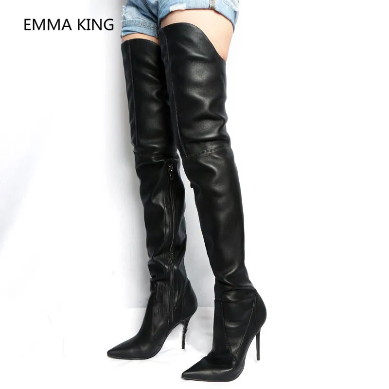 جديد أسود الشتاء فوق الركبة أحذية امرأة الموضة أشار تو عالية الكعب القوطية أحذية النساء سيدة سليم طويل الفخذ أحذية عالية