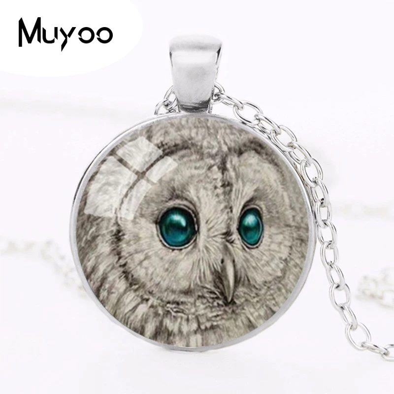 White Owl Necklace Green Eye Jewelry Glass Cabochon Time Gem Pendant Bird Picture Sweater Necklace Women Fashion Jewellery HZ1