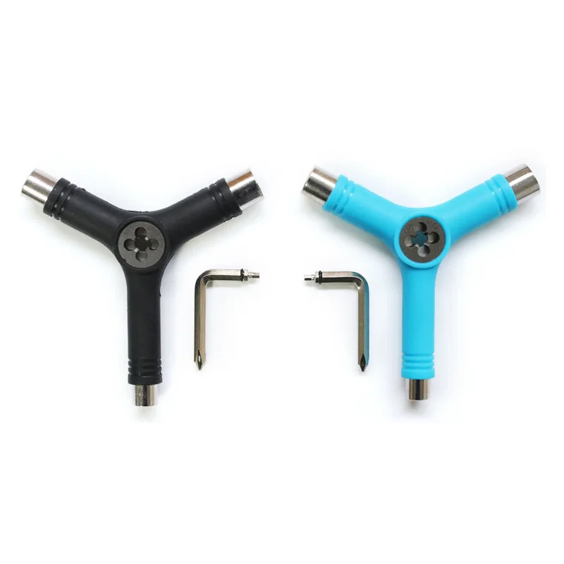 New DIY Multi functional Y Shape Skateboard Tool With Tri Socket Threader For Skate Board Longboard Scooter Black Blue Color