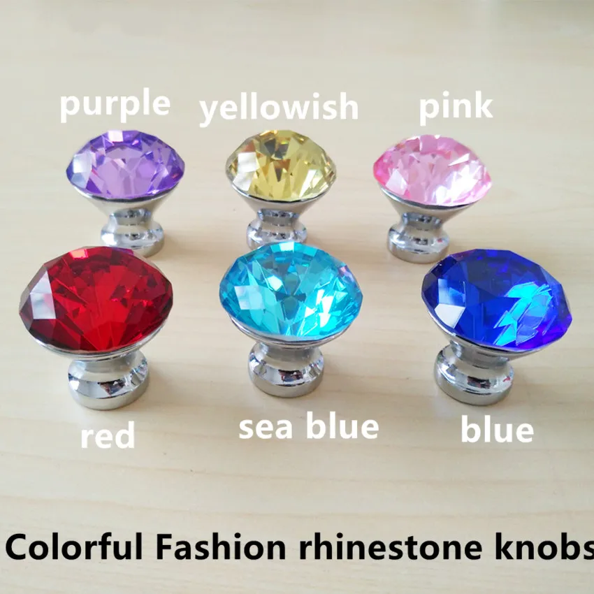 colorful fashion rhinestone drawer cabinet knobs pulls yellow red pink sea blue glass crystal dresser knobs silver chrome modern