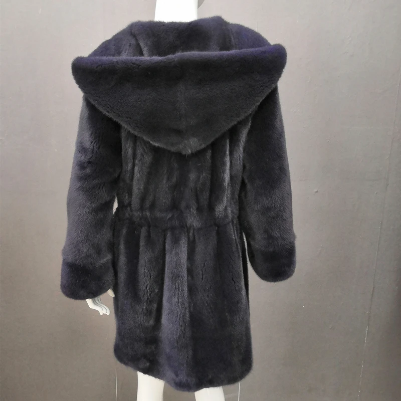 2023 New Real Mink Fur Women Long Slim Coat with Hood and Belt Long sleeves Winter  Warm Thick  Whole Mink Fur Thick Jacket