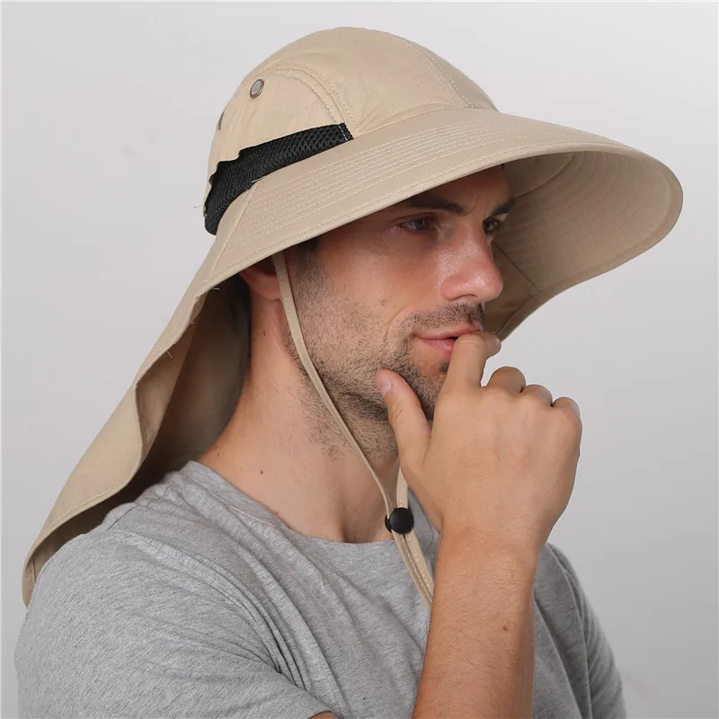 Chapeau de Soleil d\'Été en Coton pour Homme et Femme, avec Rabat de Cou, Protection UV en Plein Air, Large Bord, Randonnée, Pêche, Safari, E27