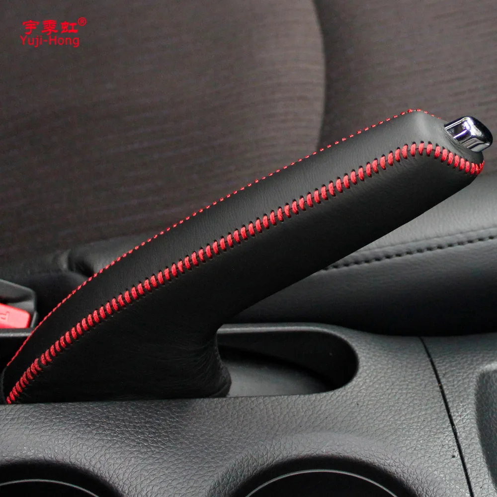 Yuji-Hong Car Handbrake Covers For Nissan TIIDA 2011~ Auto Handbrake Cover Genuine Leather Grips Black/Red thread