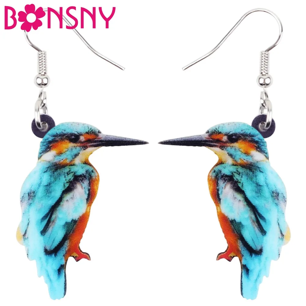 Bonsny Acrylic Blue Kingfisher Bird Earrings Big Long Dangle Drop Fashion Animal Jewelry For Women Girls Teens Gift Summer Party