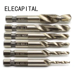 1/4'' Hex HSS High Speed Steel Thread Spiral Screw M3 M4 M5 M6 M8 M10 Metric Composite Tap Drill Bit Tap 6pcs/set