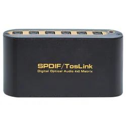 SPDIF Toslink Splitter 4 Ports 4x2 Toslink Digital Optical Audio Switcher Matrix 4 In 2 Out with Optical Cable and IR Remote