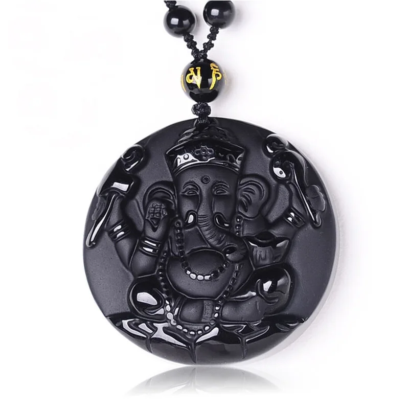 Jewelry Natural Black Obsidian Ganesh Elephant Pendants Necklace Fashion Women Men's Amulet Lucky Pendants With Chain