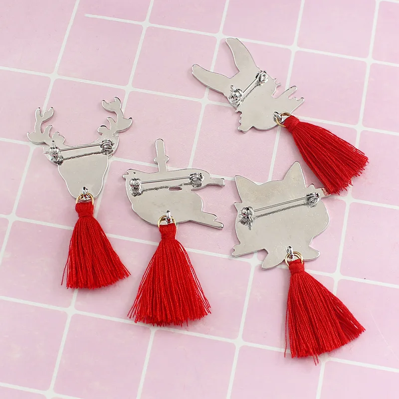 Fashion Chinese Style Harajuku God Beast Fox Rabbit Deer Snake Brooches Chinese Style Red Tassel Women Lapel Enamel Pin Jewelry