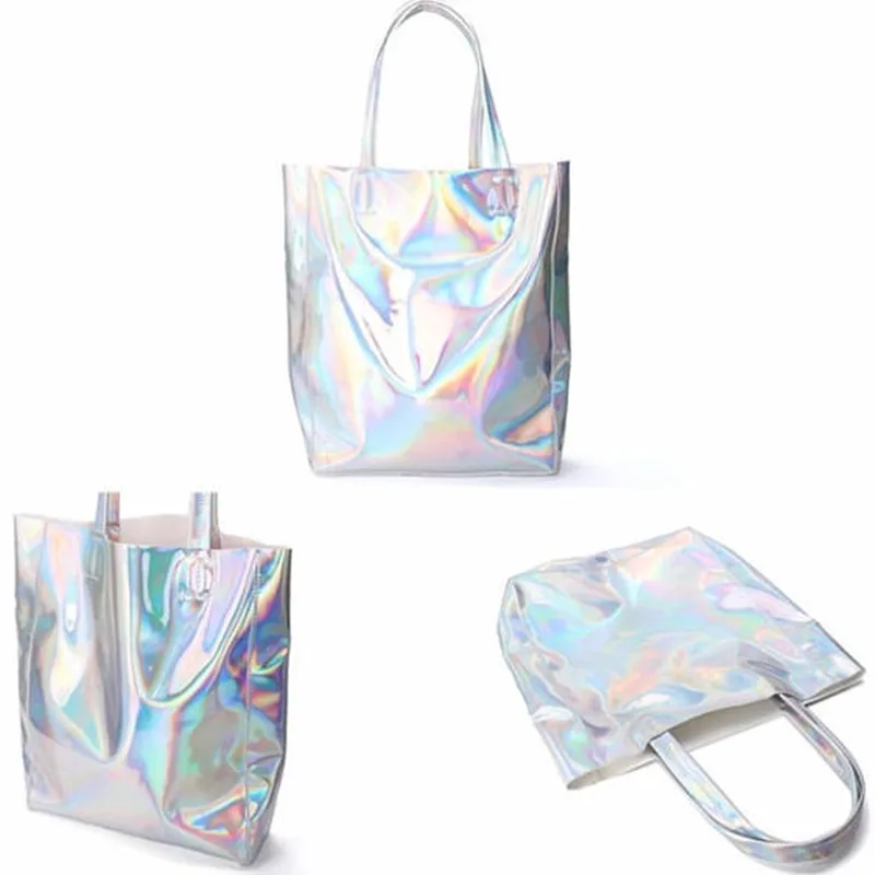 Bolsa feminina laser holograma couro bolsa de ombro senhora único sacos de compras grande capacidade casual tote bolsa prata sac 2023 novo