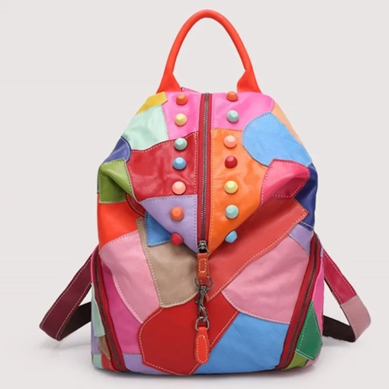 Mochila escolar de piel auténtica para mujer, bolso de hombro con costuras de color, a la moda, para adolescentes