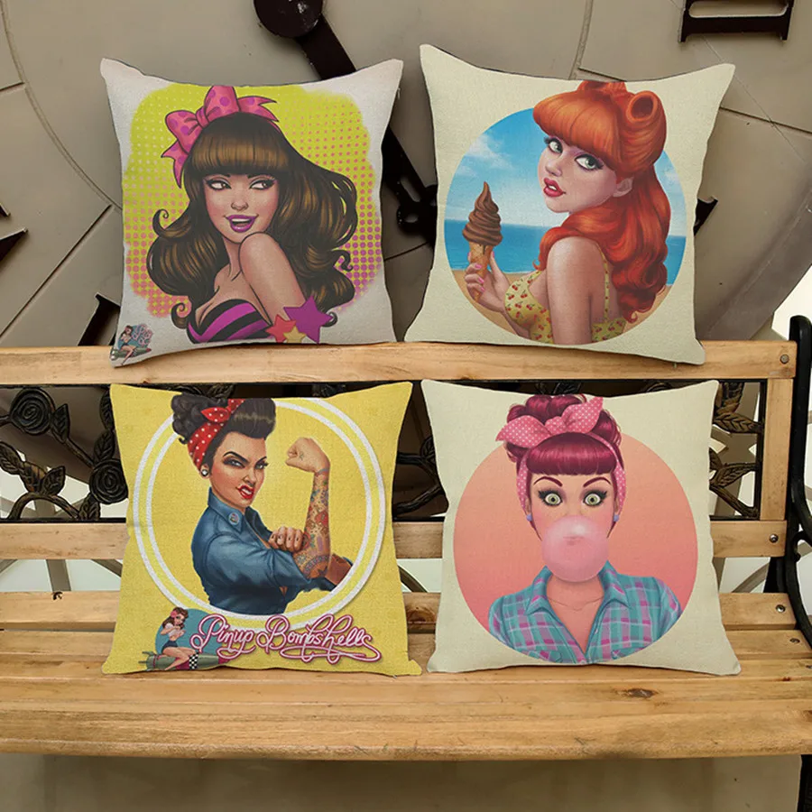 Pop Art Cartoon Style Cushion Cover Vintage Design Punk Girls Funky Art Cotton Linen Decoration Sofa Throw Pillow Case almofadas