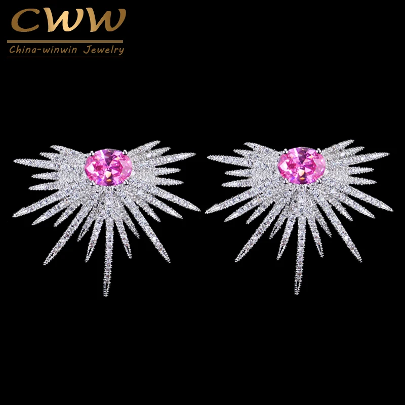 CWWZircons Brand Exclusive Micro Paved Pink Cubic Zirconia Silver Color Big Stud Punk Earring Jewelry for Women CZ100