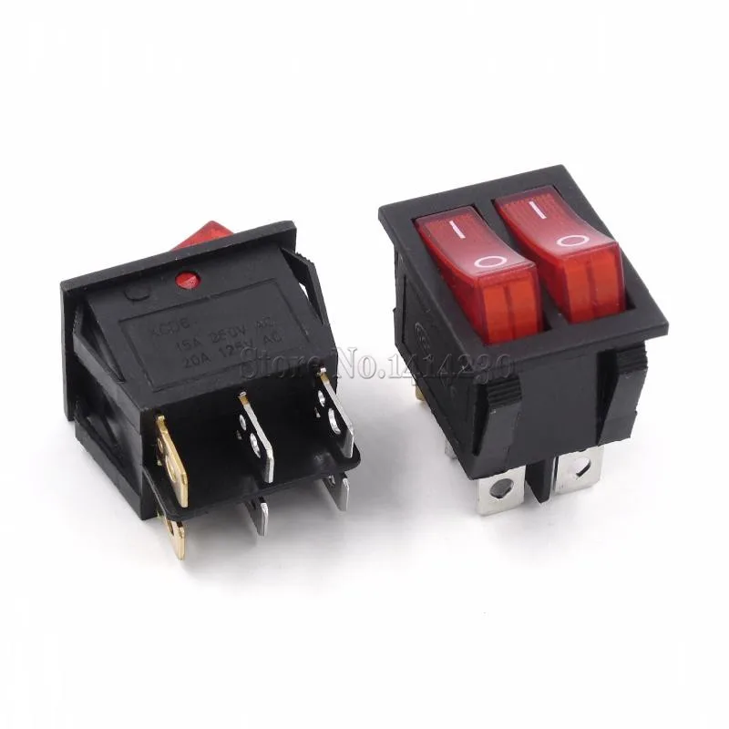 10Pcs KCD6 25x31mm With Red Light Big Rocker Switches Two-Way Switch 6 Pin 2 Position 15A 250V 20A 125VAC ON-OFF