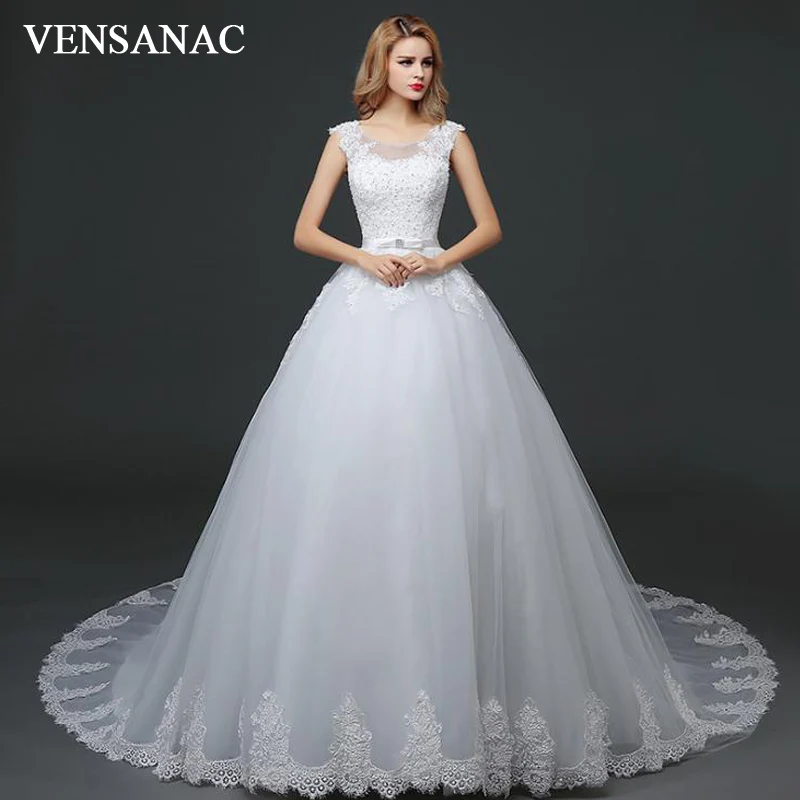 VENSANAC 2018 Sequined O Neck Ball Gown Lace Appliques Court Train Wedding Dresses Crystal Bow Sash Open Back Bridal Gowns