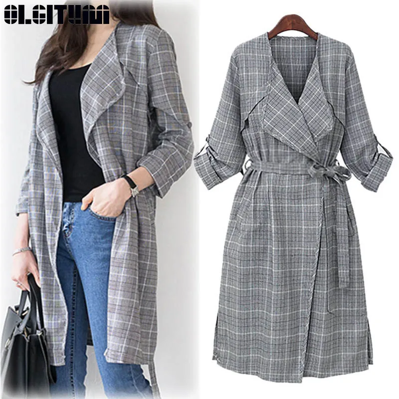 New 2020 Female Spring Large Size Temperament Women Waist Thin Thousand Bird Plaid Long Windbreaker Trench TR148