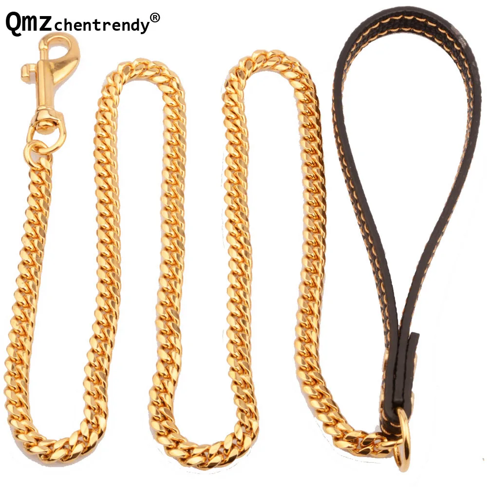 Stainless Steel Luxury Golden Cuban Chain Dog Leash  Training Reliable Pet Traction Rope for Secure Walking and Training