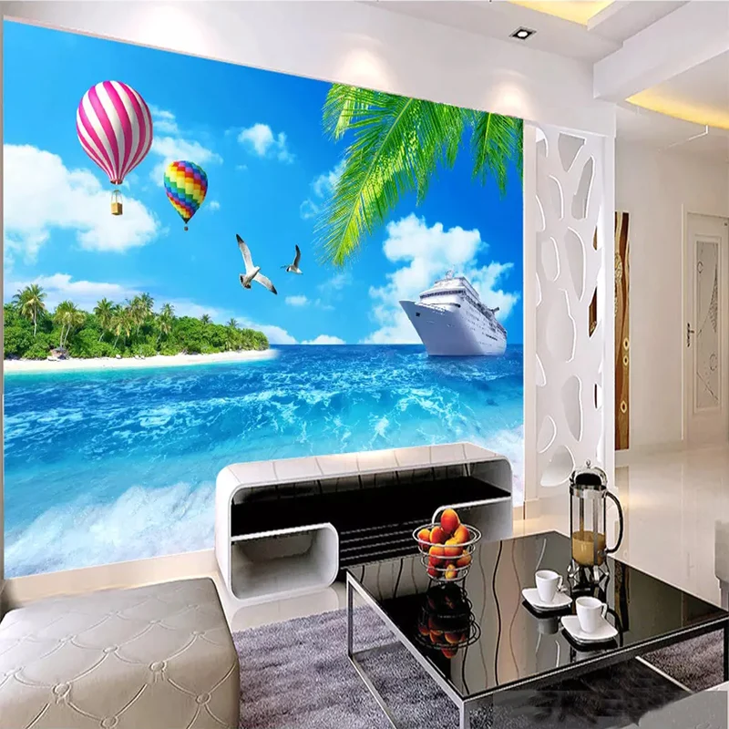 Custom Wall Cloth 3D Sea View Coconut Tree Boat Nature Landscape Wallpaper Living Room Bedroom Decoration Background Wall Mural