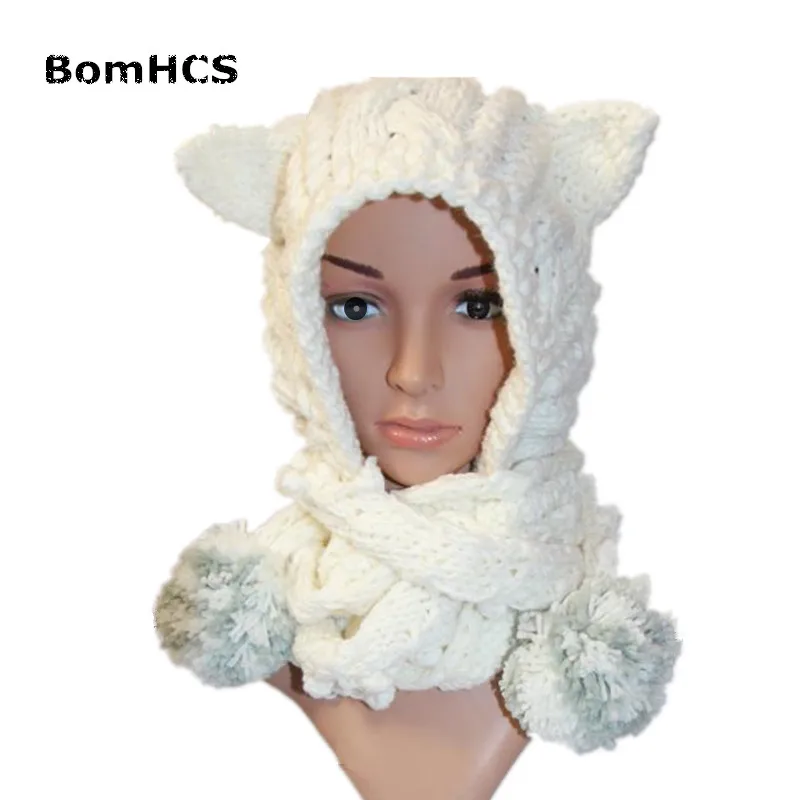 

BomHCS Cute Ears Beautiful Women's White Beanie with Scarf 100% Handmade Knitted Neckerchief Hat Gift