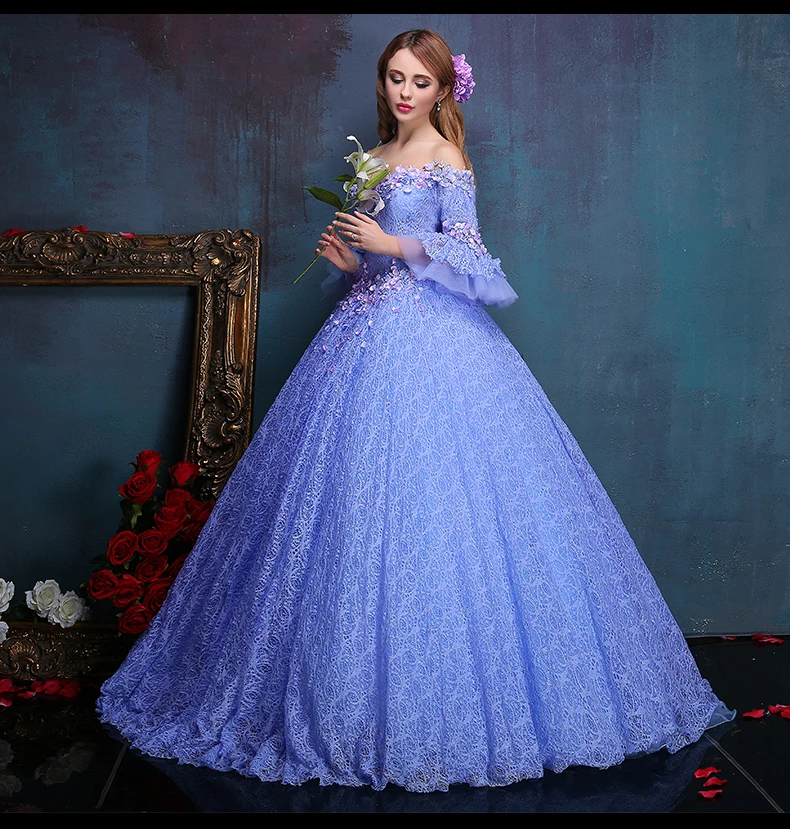 100%real flower embroidery beading light purple lace ball gown medieval dress princess Renaissance Gown queen Victoria/Belle