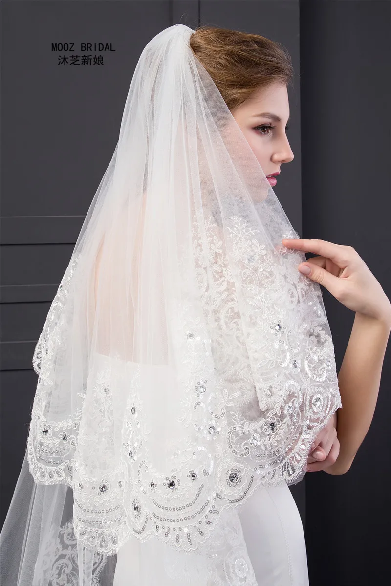 Bridal Veil Cathedral Length Lace Edge Real Pictures BeadsCrystals Decoration 2T 3M Bling bling Wedding Veils Covered Face 2017