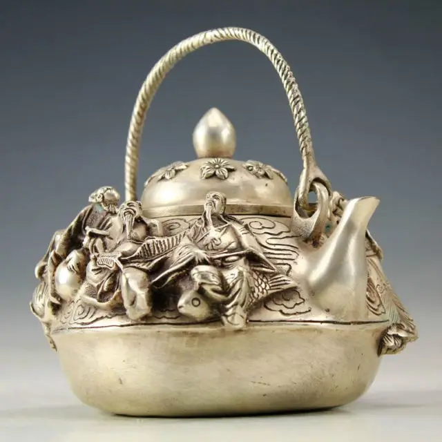 

Oriental Vintage Handwork Copper Carved Immortal Teapot Garden Decoration 100% real Tibetan Silver Brass