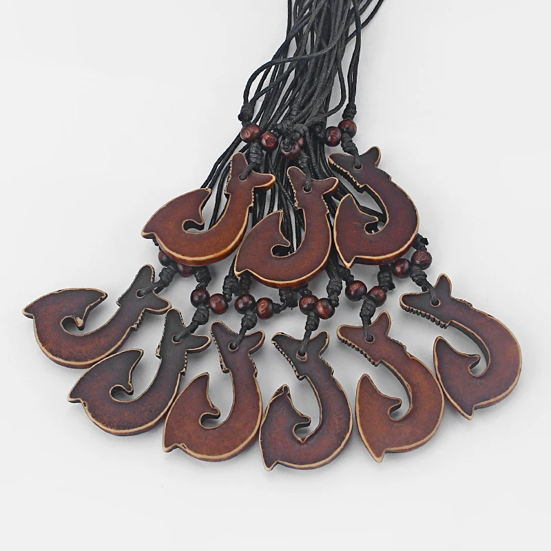 12pcs Brown Tribal Maori Fish-Hook Charms Pendants Black Wax Cord Surfer Necklace Boho Jewelry For Fashion Men Women