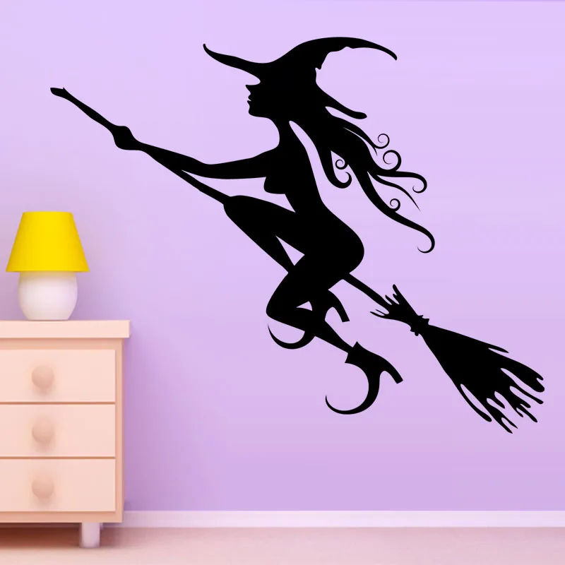 Halloween Girls Room Flying Witch Wall Sticker Vinyl Self Adhesive Black Home Decor Removable Wallpaper