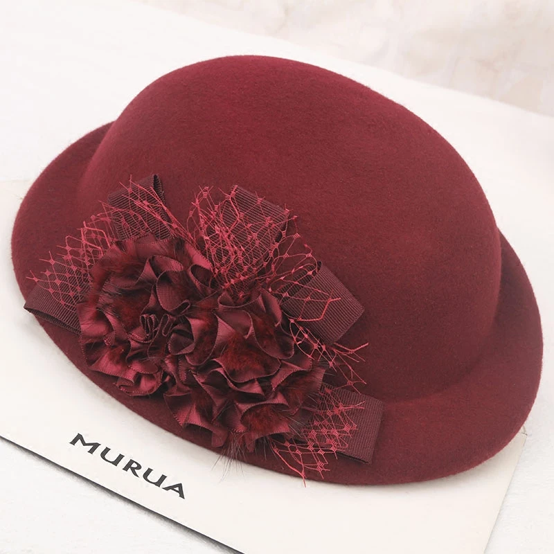 

Lady Fedoras Wool Hat Female Flowers Dome Cap Winter Woolen Hats Women's Woolen Berets Cap British Retro Hats Adjust B8960