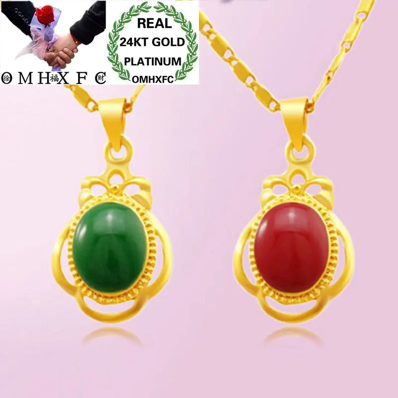 OMHXFC Wholesale European Fashion Woman Party Birthday Wedding Gift Vintage Green Flower Drip 24KT Real Gold Charm Pendant PN243