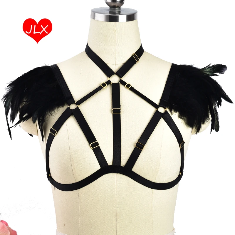 

Black Gold-plated accessories Feather harness Epaulette Bondage belt gothic Lingerie vest angel wings Body Harness bra rave