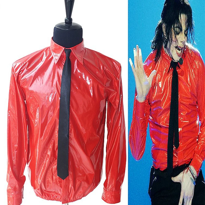 MJ In Memory of Michael Jackson Red Thin Shirt PU Leather Dangerous Jam Magic Tape VEL-CRO Shirt  Tie For Dancer Quikly Change