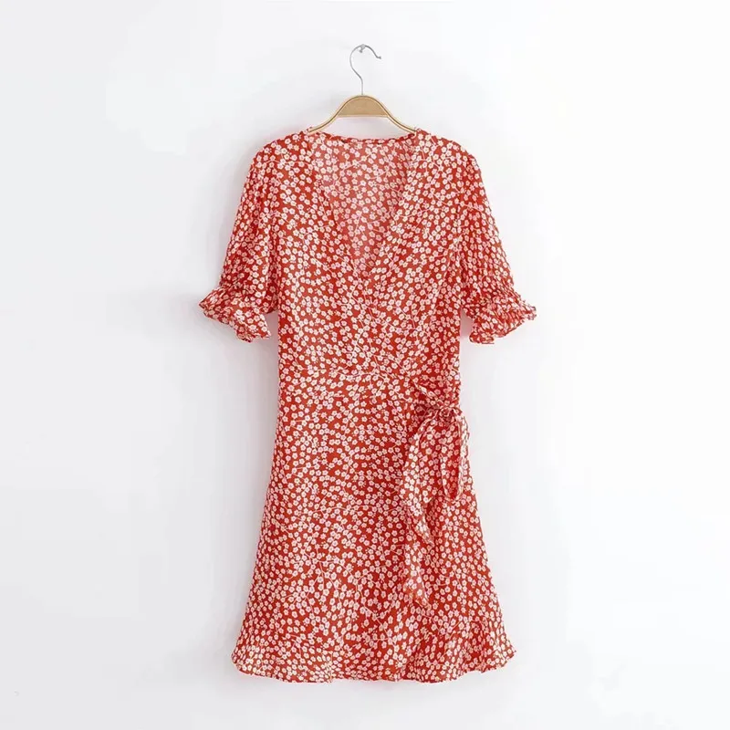 

YSMILE Y Women Summer Sexy Print Dress V-Neck Tie Up Short Sleeve Mini Dress Red Female Daily Holiday Casual Dress For Lady HY26