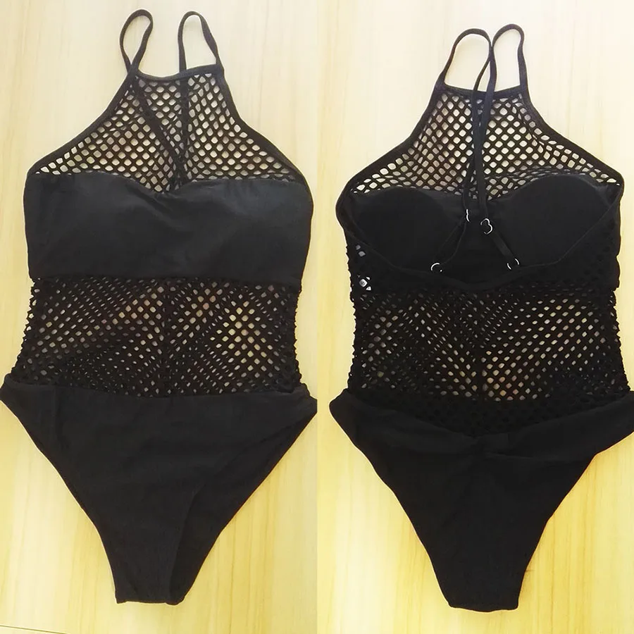 Mesh jednoczęściowy strój kąpielowy kobiety na szyję krzyżowe wiązanie Monokini Push Up Bikini wysokie cięcie stroje kąpielowe Sexy body kostiumy