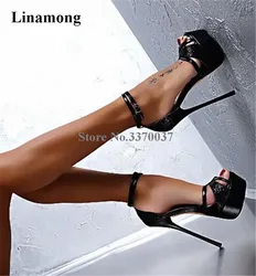 Women Newest Sexy Open Toe Black Pattern Leather High Platform Sandals Ankle Strap Super High Heel Sandals Club Shoes