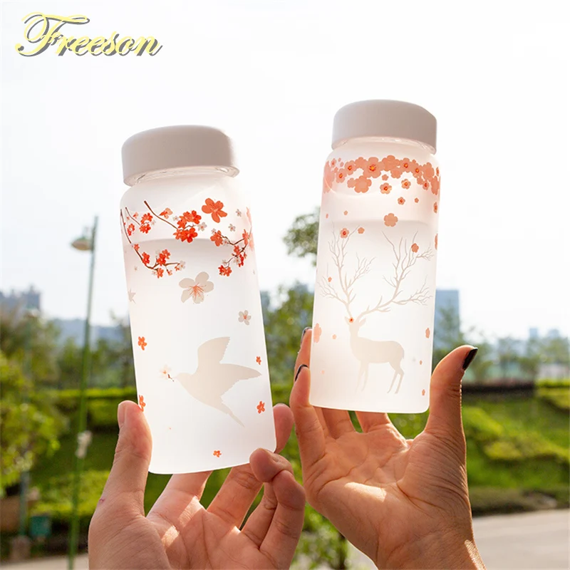 

Sakura Swallow Frost Glass Water Bottle with Sleeve 430ml Elk Bottles Creative Camping Sport Bottle Tour Drinkware Dropshipping