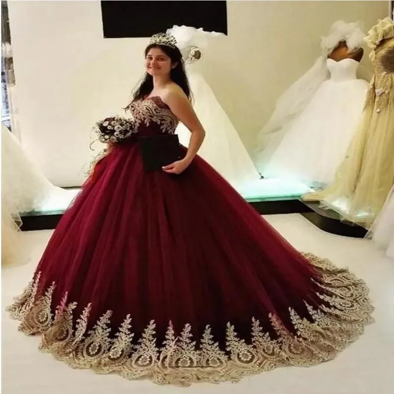 Burgund Quinceanera Kleider 2021 Lange Prom Party Tüll Gold Appliques Ballkleid für Prom Süß 16 Kleider vestidos de 15 anos