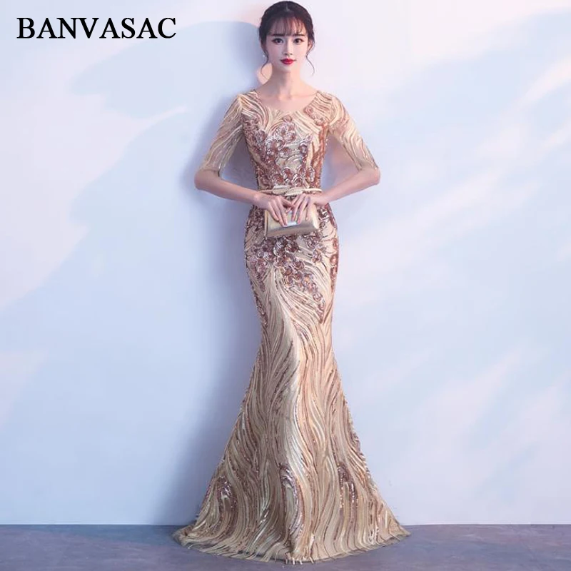 BANVASAC O Neck Sequined Long Mermaid Evening Dresses Vintage Gold Lace Half Sleeve Party Leaf Sash Prom Gowns