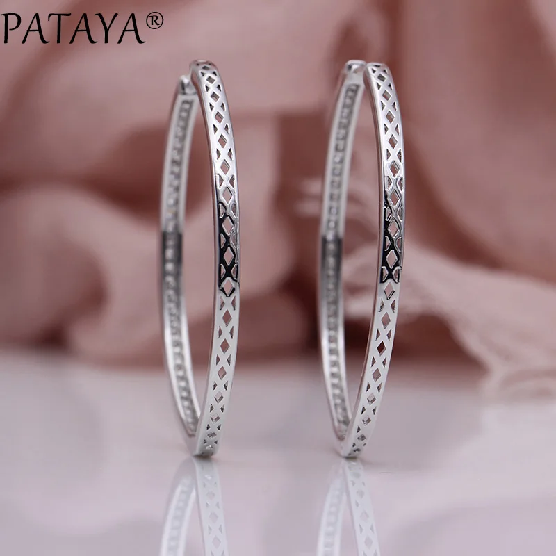 PATAYA New Big Circle Earrings Women Fashion Luxury Hollow Fine Jewelry 585 Rose Gold Color Natural Zircon Oval Dangle Earrings