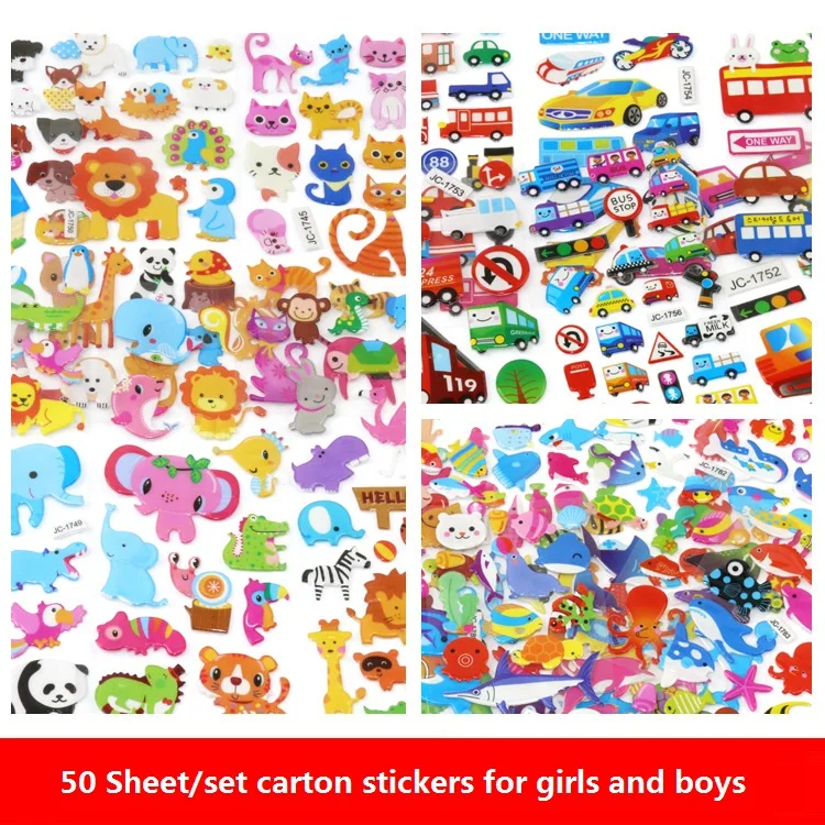 50 Sheets Multiple Styles Mix Children's Cartoon Animal 3D Stickers Early Education Kindergarten Reward Gifts