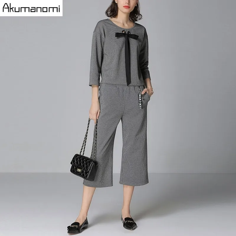 

2 Piece Set Houndstooth Hollow Out O-neck Blouse Elastic Waist Calf-Length Wide Leg Pants Trousers Spring Autumn Two Piece Set