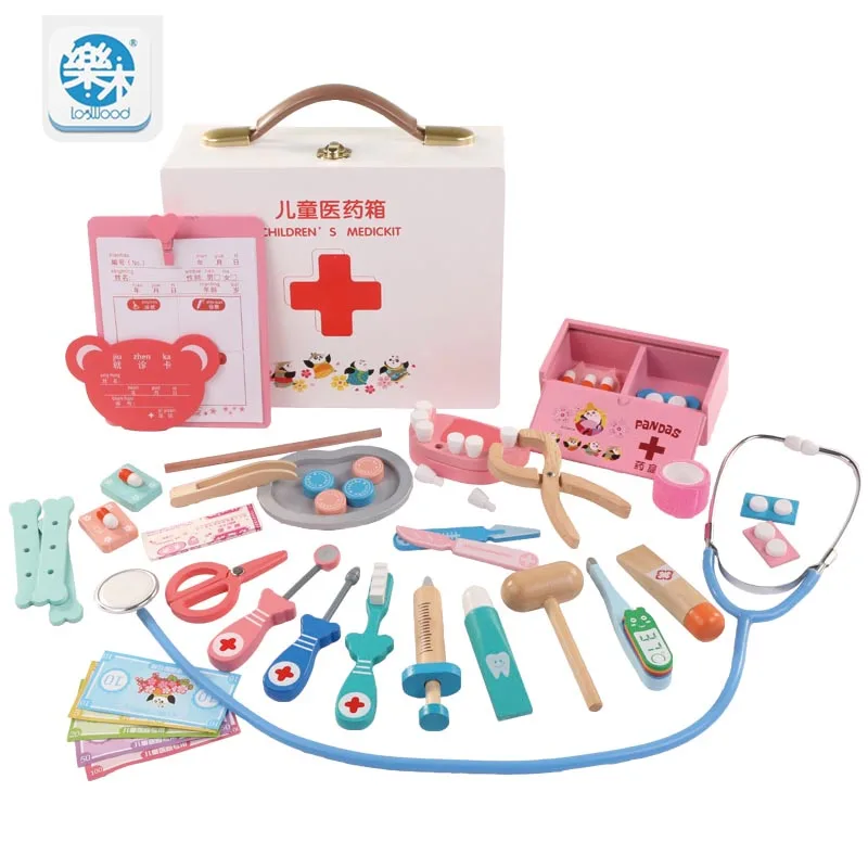 

Children's doctor toy kit injection tool wooden simulation Real Life medicine box girl toys gifts home stethoscope