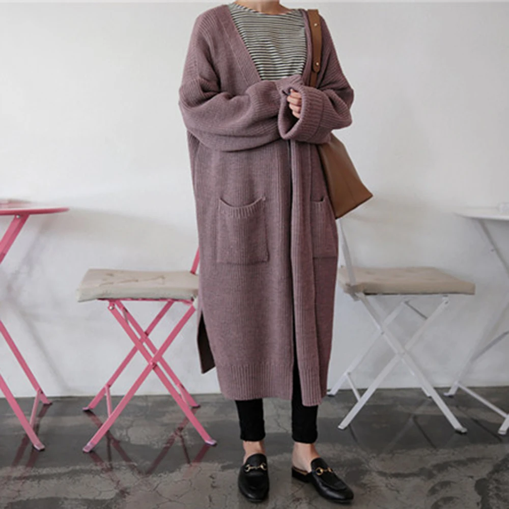 

Korean Chic Long Cardigan 2018 Autumn Winter Knitted Long Sleeve Loose Sweater Female Solid Color Black Oversize Coat Streetwear