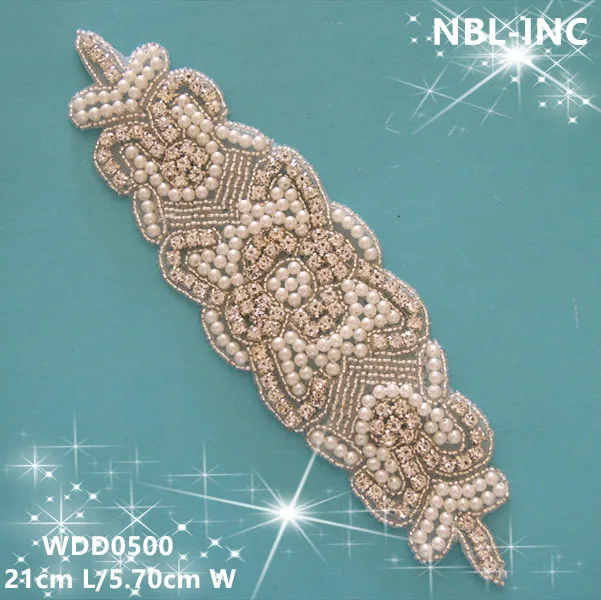 

(30PCS)Wholesale hand beaded sewing bridal silver rhinestone pearl applique patch iron on for wedding dresses DIY sash WDD0500