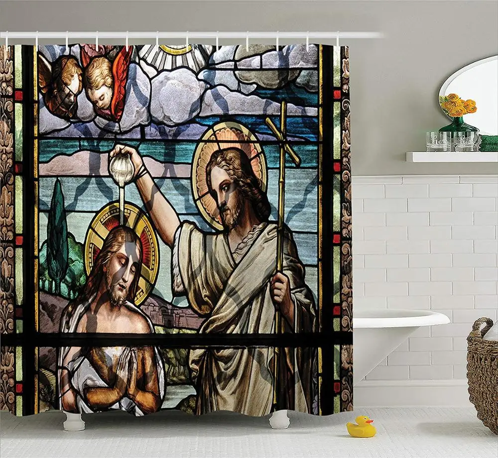 Colorful Religious Ritual with Impotant Scenery Historic Art Illustration Print, Fabric Bathroom Decor Set with Hooks