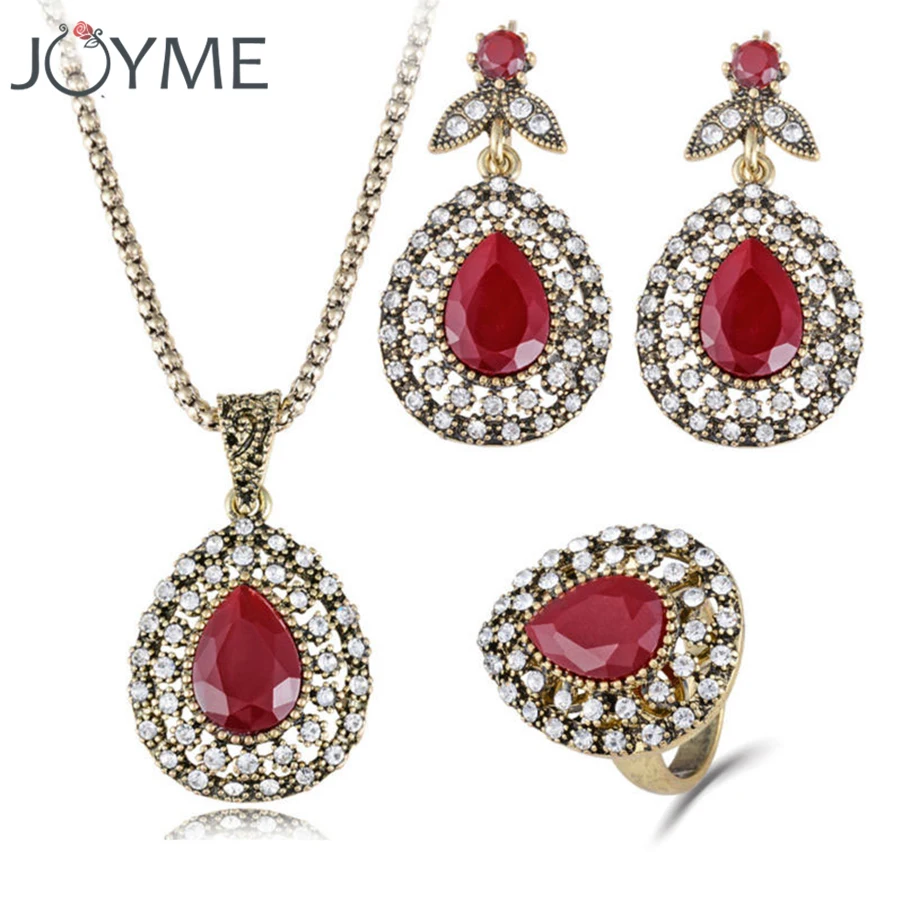 Women Jewelry Set Charm Austrian Crystal Ancient Bronze necklace ring sets 3 Pcs Wedding Accessories bijoux Turkey Jewelry