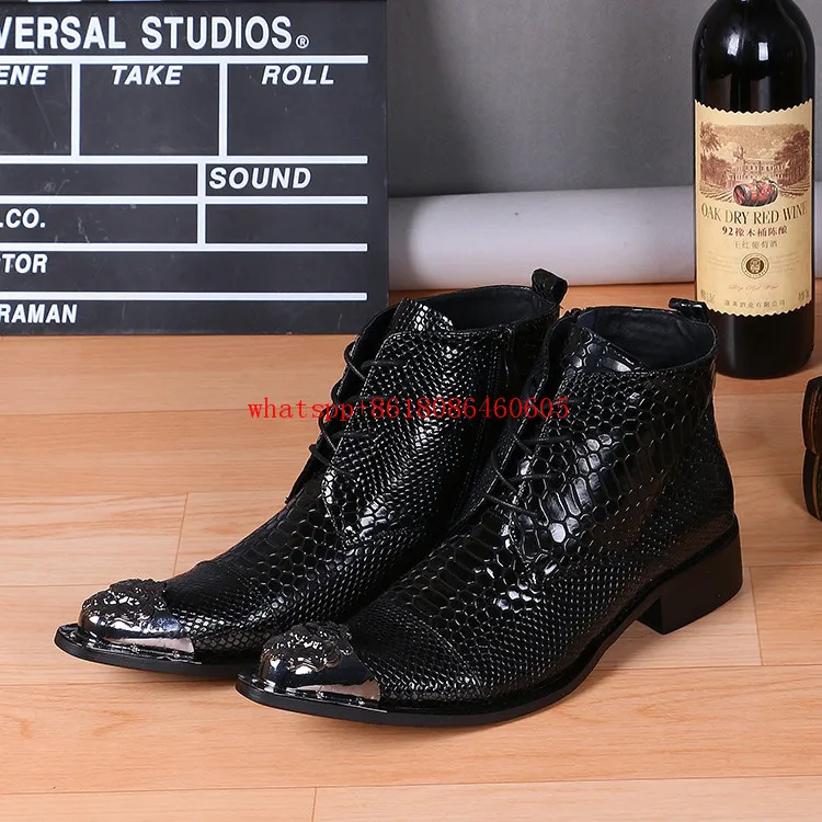 Fashion Brand Design Black Snake Skin Leather Military Boots Pointed Toe High Heels Stud Cowboy Boots Dress Wedding Shoes Man