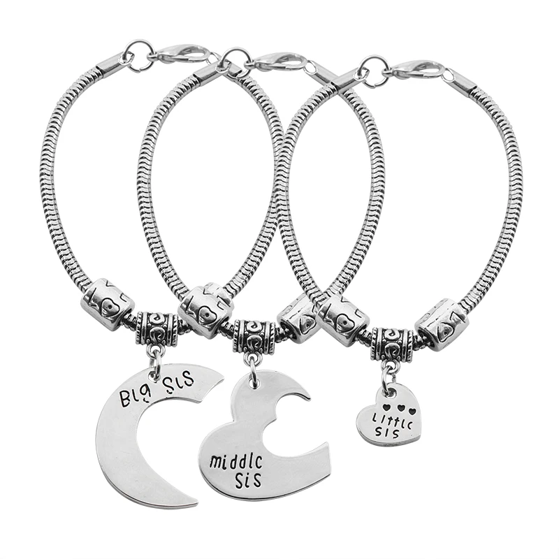 3 Pcs/Set Big Middle Little Sister Bracelet For Women Puzzle Heart Moon Shape Adjustable Couple Chain Bangle Best Friend Jewelry