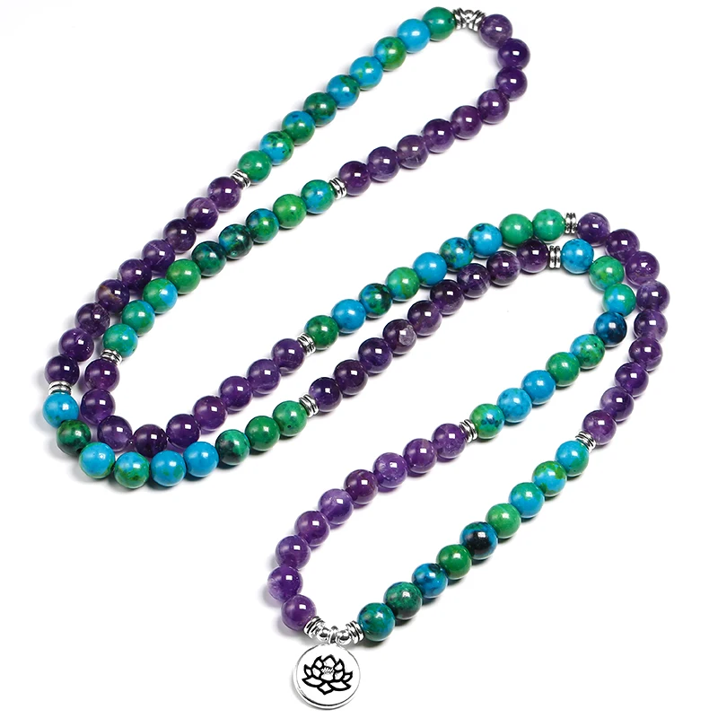 Natural Amethyst 8mm Stone Chrysocolla Beads Healing Bracelet 108 Mala Prayer Yoga Strand Bracelets Women Men Jewelry